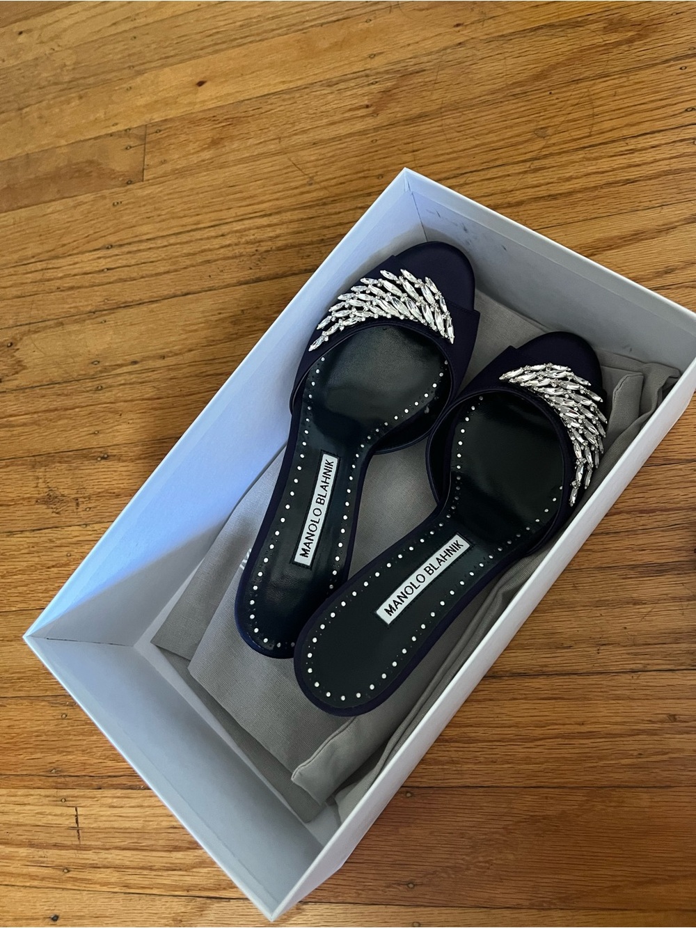 Manolo Blahnik Navy Satin Crystal-Embellished Slide Mules